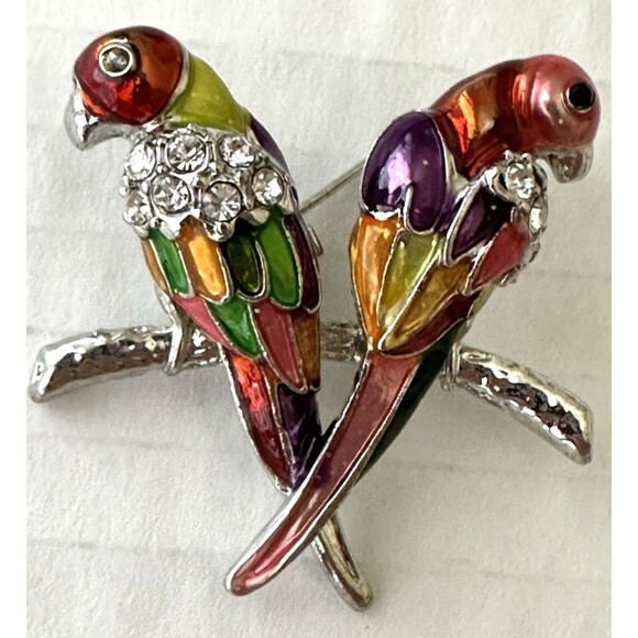 Vintage Enamel and Rhinestone Parrots on Branch Brooch Pin 1.5 x 1.5" Tropical - Picture 1 of 6